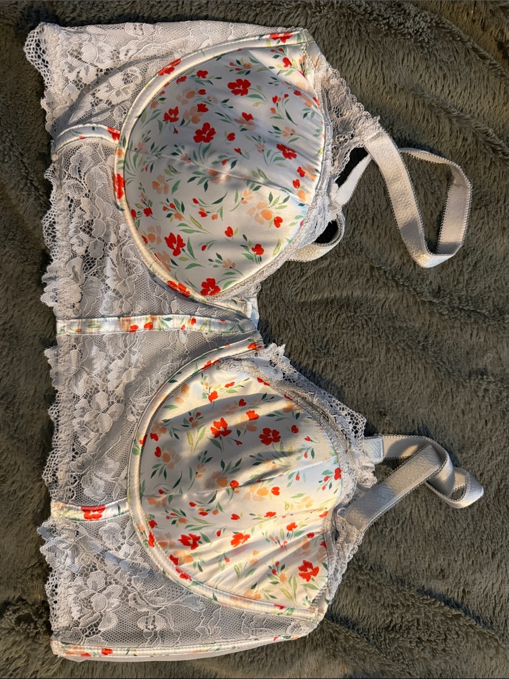 Adore Me White Lace Longline Bra with Red Floral Print